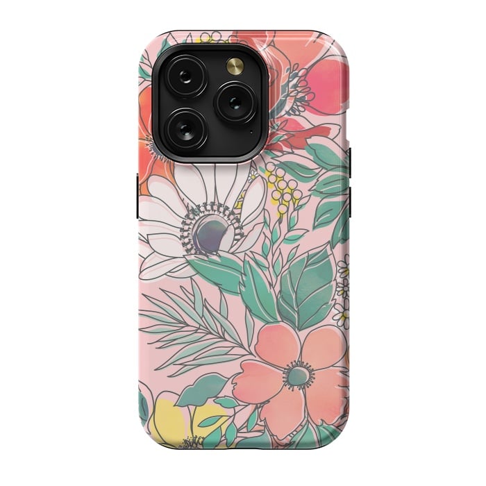 iPhone 15 Pro StrongFit Cute girly pink floral hand drawn design by InovArts