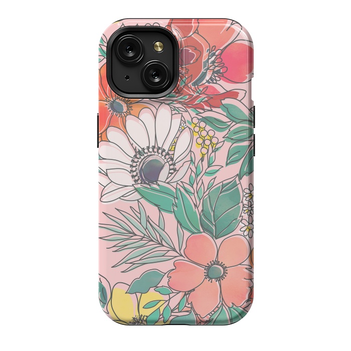 iPhone 15 StrongFit Cute girly pink floral hand drawn design by InovArts