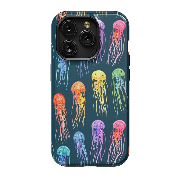 iPhone 15 Pro StrongFit Little Cute Rainbow Jellyfish on Dark by Micklyn Le Feuvre