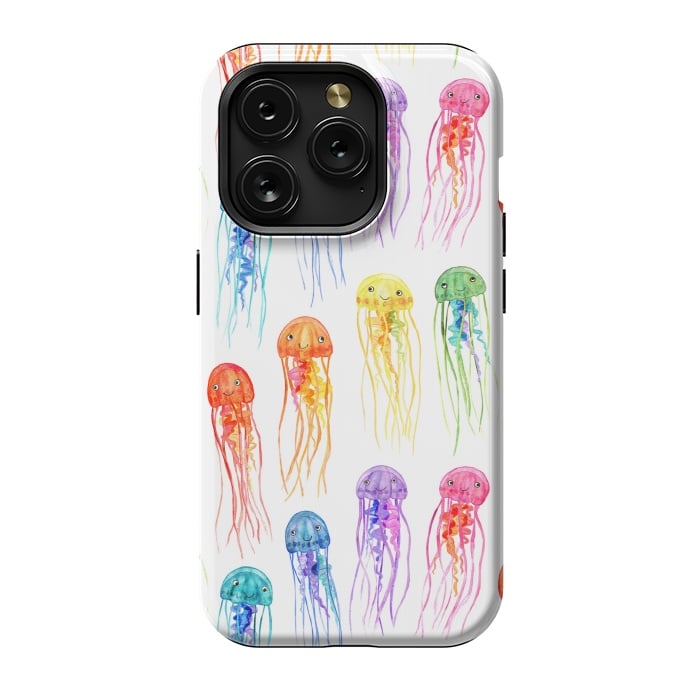 iPhone 15 Pro StrongFit Cute Little Rainbow Jellyfish on White by Micklyn Le Feuvre