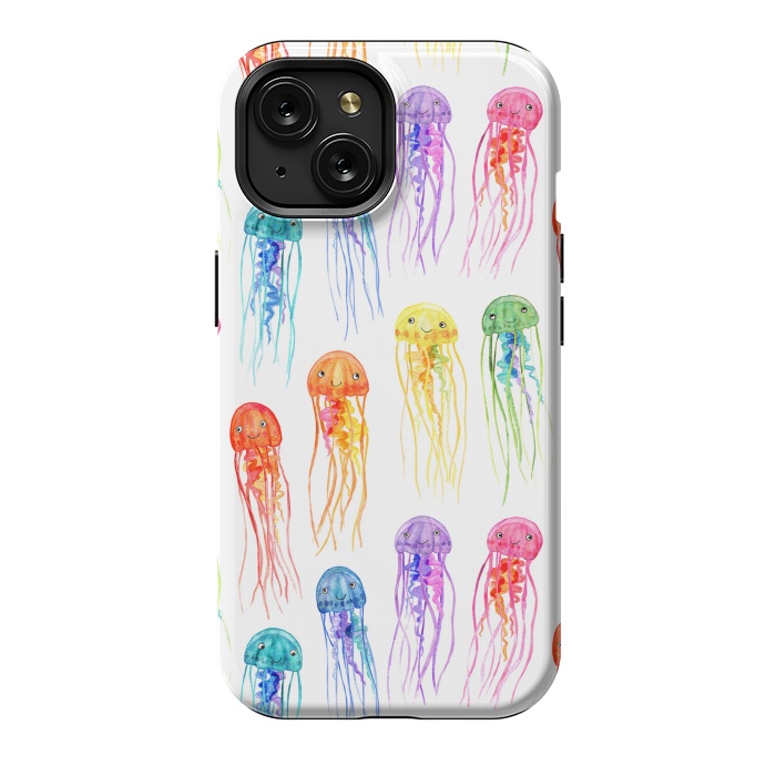 iPhone 15 StrongFit Cute Little Rainbow Jellyfish on White by Micklyn Le Feuvre