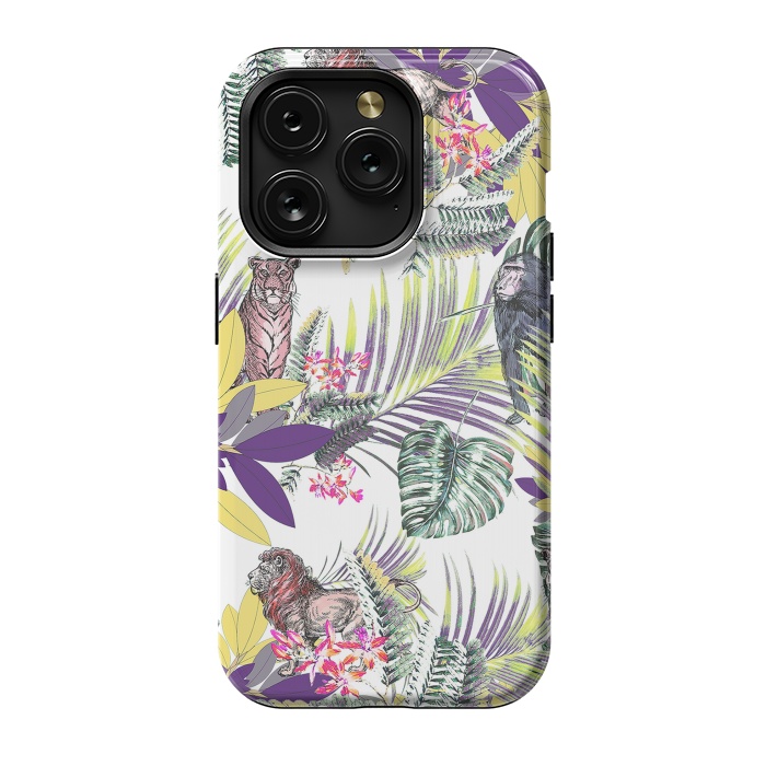 iPhone 15 Pro StrongFit Colorful jungle leaves and wild animals pattern by Oana 