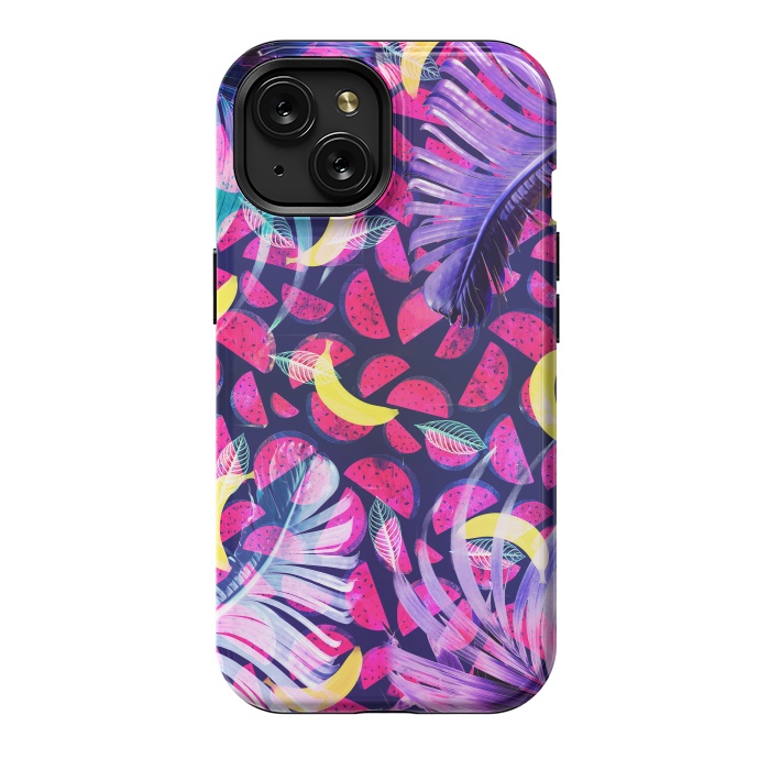 iPhone 15 StrongFit Colorful tropical banana leaves and pineapples by Oana 