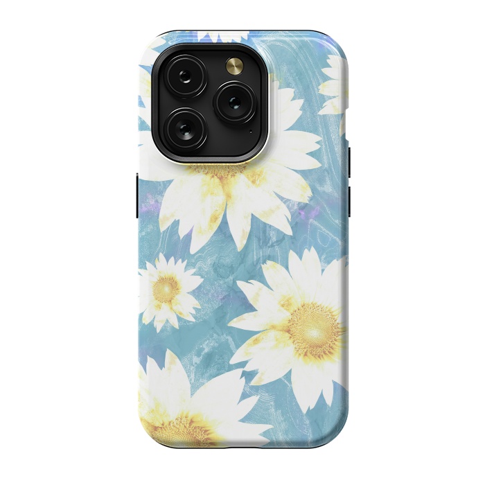 iPhone 15 Pro StrongFit White sunflowers on baby blue marble by Oana 