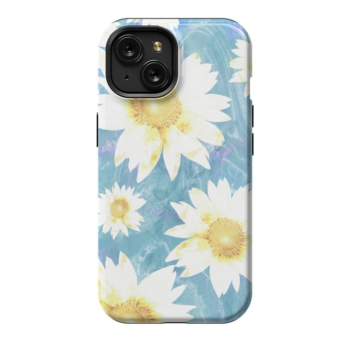 iPhone 15 StrongFit White sunflowers on baby blue marble by Oana 