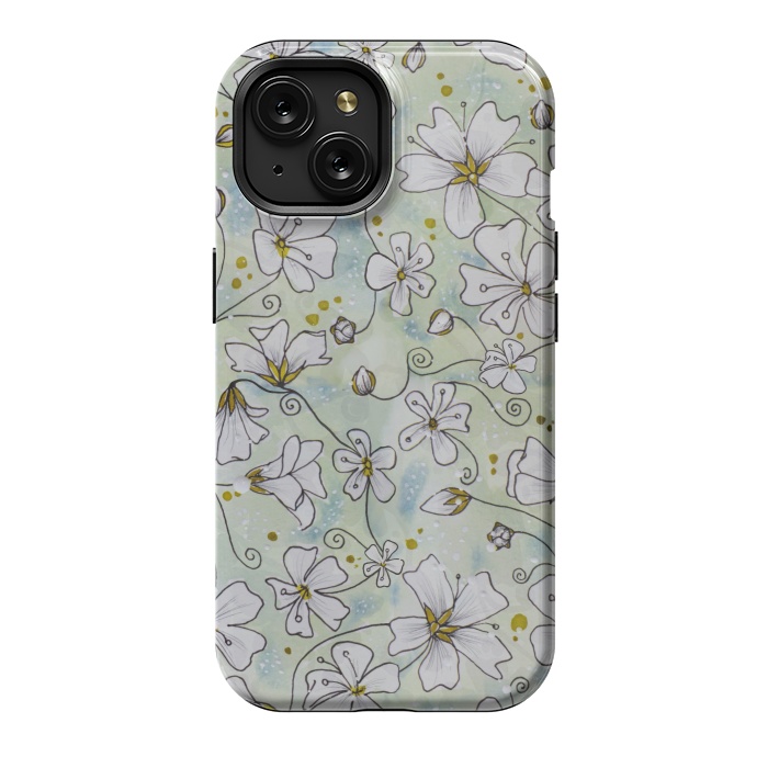 iPhone 15 StrongFit Pretty White Flowers on Watercolour by Paula Ohreen