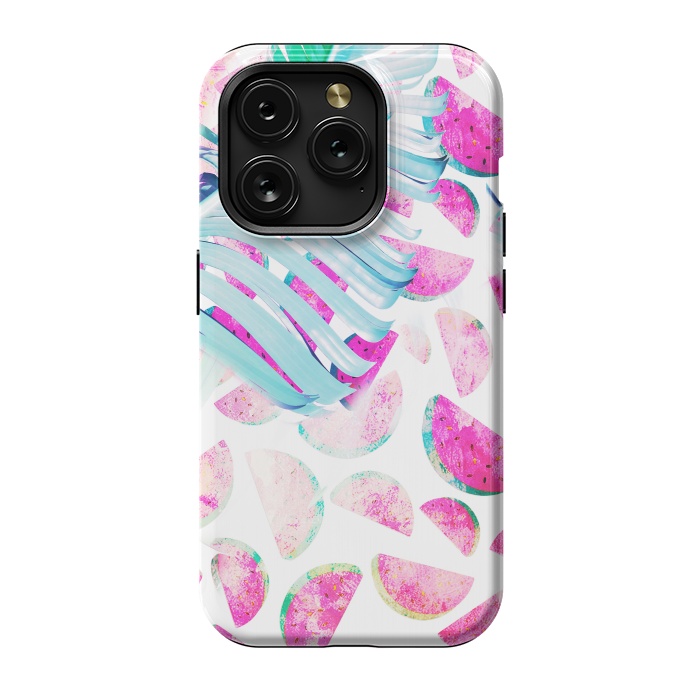 iPhone 15 Pro StrongFit Grungy watermelon and bana leaf pattern by Oana 