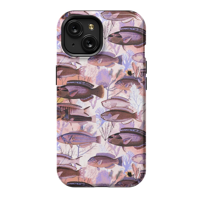 iPhone 15 StrongFit Colorful coral reef and fish botanical pattern by Oana 
