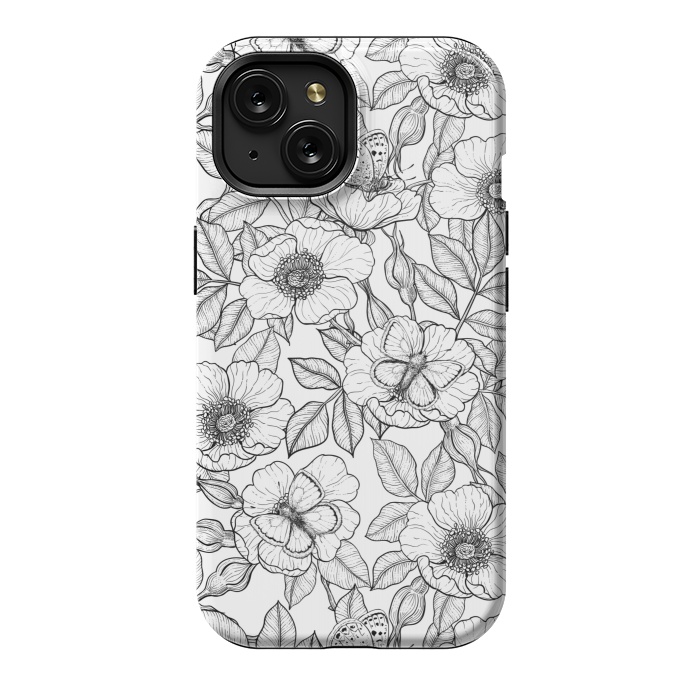 iPhone 15 StrongFit Dog rose and butterflies b&w by Katerina Kirilova