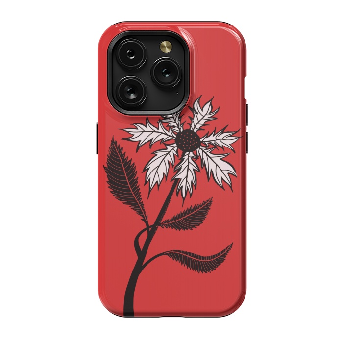 iPhone 15 Pro StrongFit Imaginary Flower In Ink - Black And White On Red by Boriana Giormova