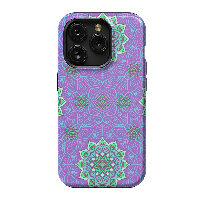 iPhone 15 Pro StrongFit Mandalas en verde neón y purpura by ArtsCase
