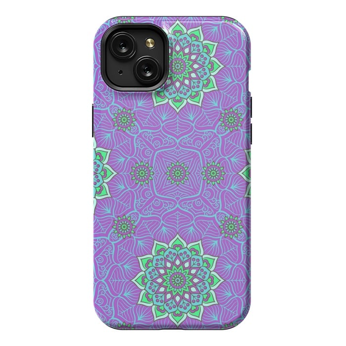 iPhone 15 Plus StrongFit Mandalas en verde neón y purpura by ArtsCase
