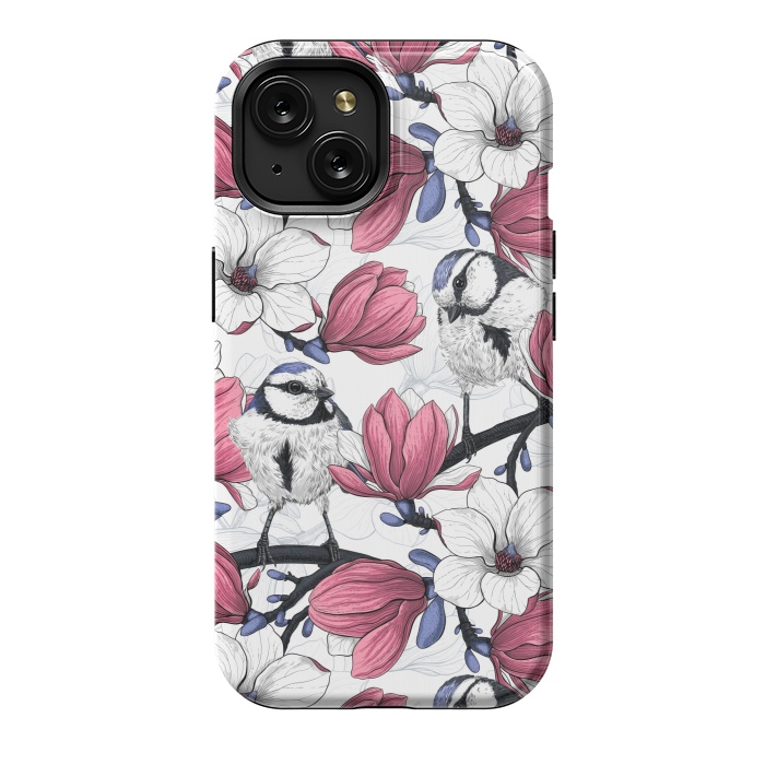 iPhone 15 StrongFit Pink magnolia and blue tit birds by Katerina Kirilova