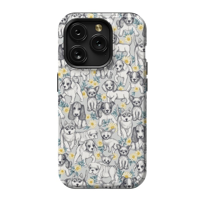 iPhone 15 Pro StrongFit Dogs and Daisies on Grey by Micklyn Le Feuvre