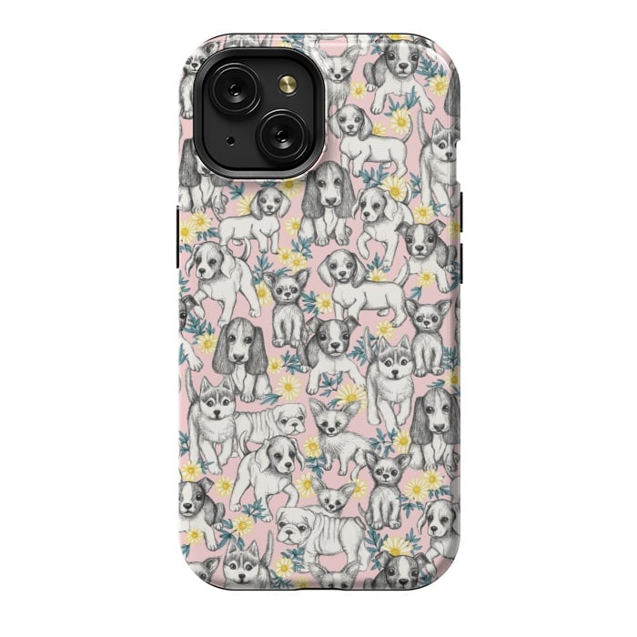 iPhone 15 StrongFit Dogs and Daisies on Pink by Micklyn Le Feuvre