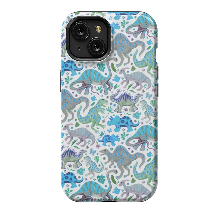 iPhone 15 StrongFit Happy Dinos in blue and green by Micklyn Le Feuvre