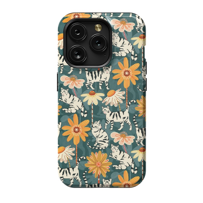 iPhone 15 Pro StrongFit Daisy Cats - Teal by Tigatiga