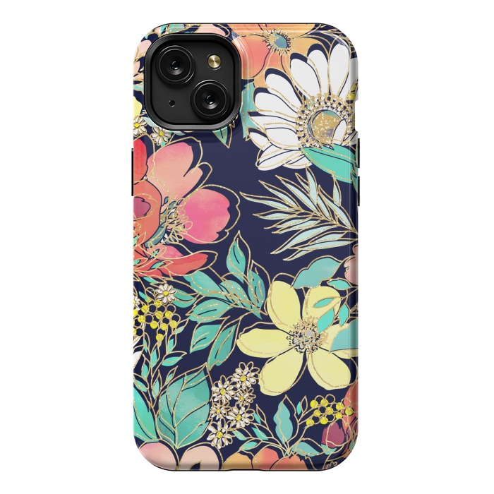 iPhone 15 Plus StrongFit Cute girly pink floral golden strokes design by InovArts