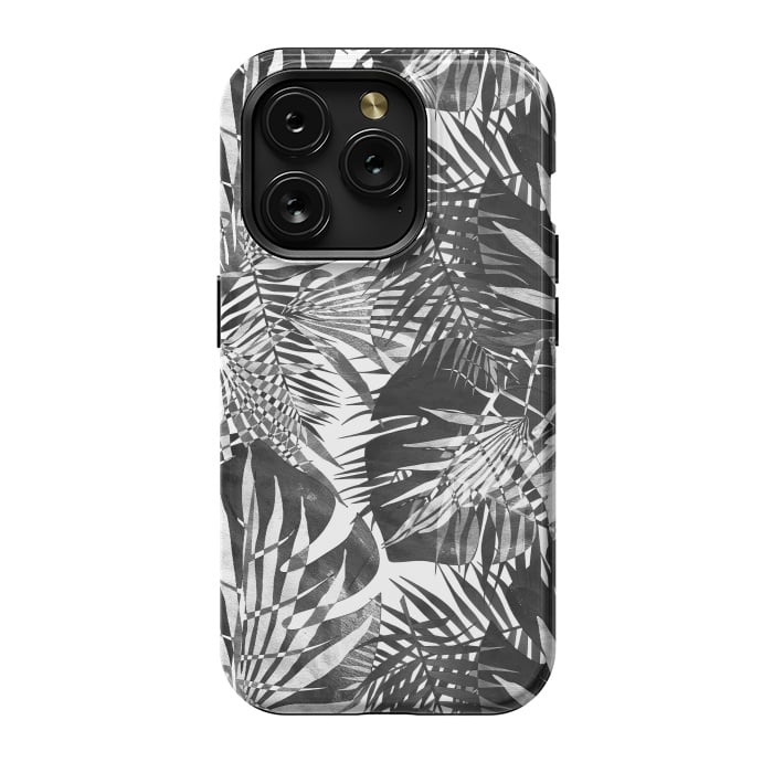 iPhone 15 Pro StrongFit Black and white tropical leaves illusion by Oana 