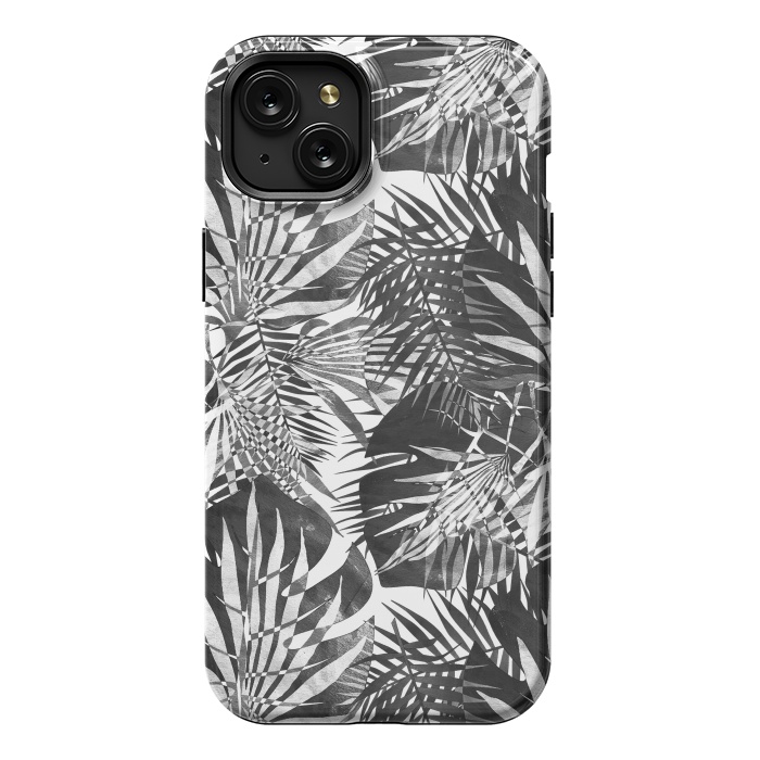 iPhone 15 Plus StrongFit Black and white tropical leaves illusion by Oana 