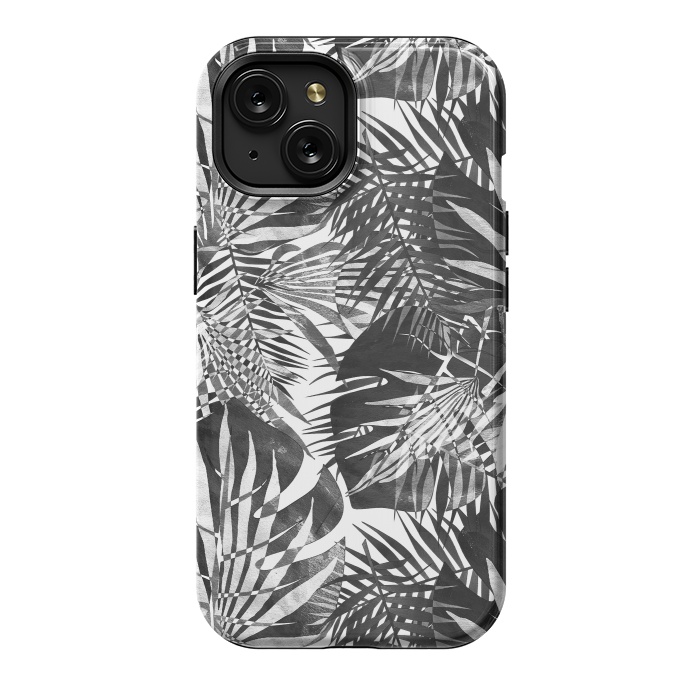 iPhone 15 StrongFit Black and white tropical leaves illusion by Oana 
