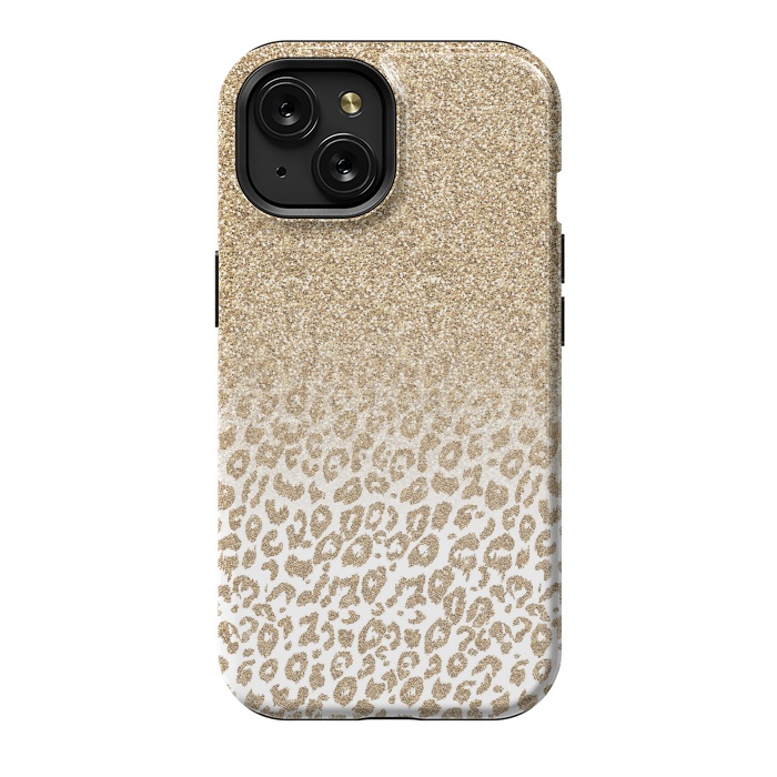 iPhone 15 StrongFit Trendy Gold Glitter and Leopard Print Gradient Design by InovArts