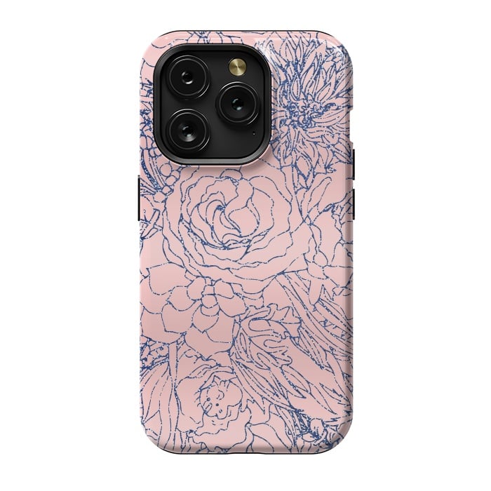 iPhone 15 Pro StrongFit Stylish Metallic Navy Blue and Pink Floral Design by InovArts
