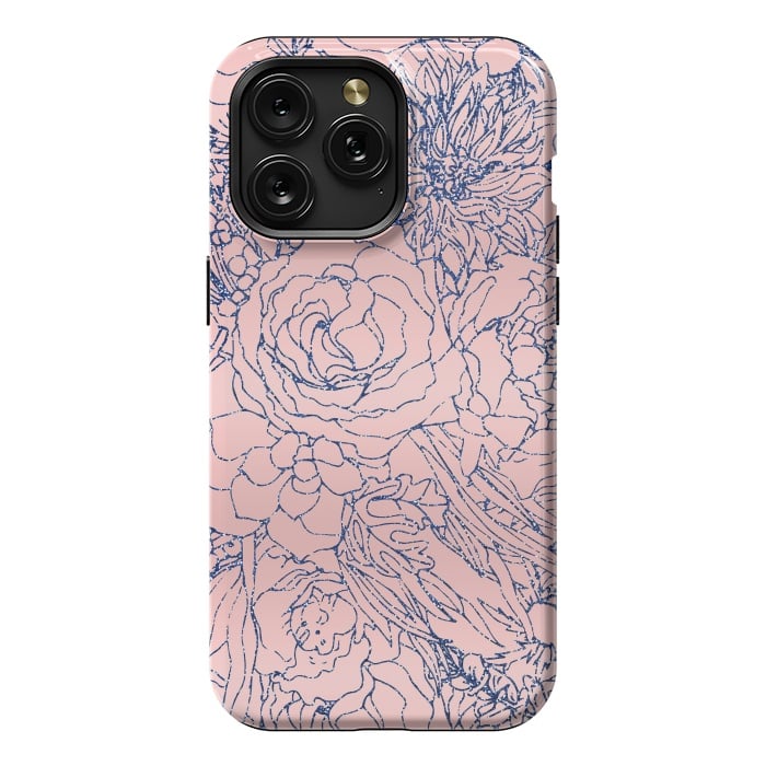 iPhone 15 Pro Max StrongFit Stylish Metallic Navy Blue and Pink Floral Design by InovArts