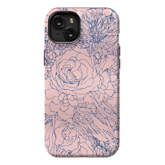iPhone 15 Plus StrongFit Stylish Metallic Navy Blue and Pink Floral Design by InovArts