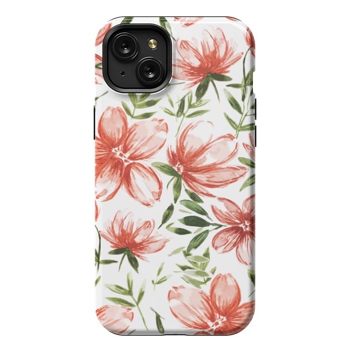 iPhone 15 Plus StrongFit Red Watercolor Flowers by Bledi