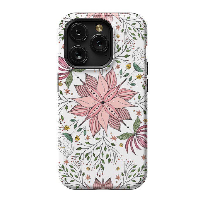 iPhone 15 Pro StrongFit Cute Vintage Pink Floral Doodles Tile Art by InovArts