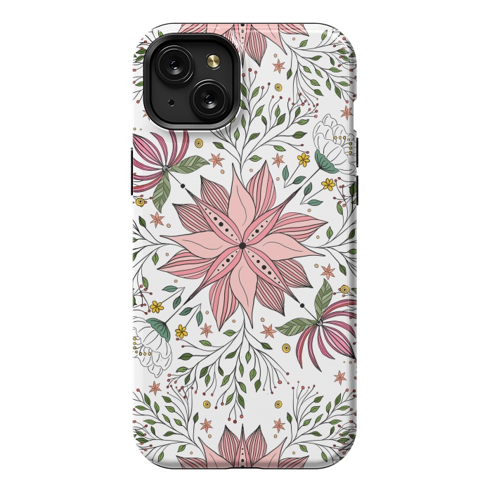 iPhone 15 Plus StrongFit Cute Vintage Pink Floral Doodles Tile Art by InovArts