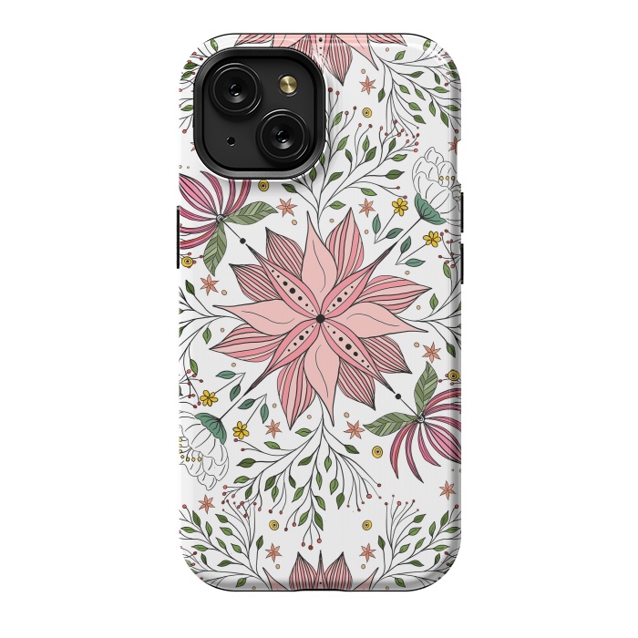 iPhone 15 StrongFit Cute Vintage Pink Floral Doodles Tile Art by InovArts