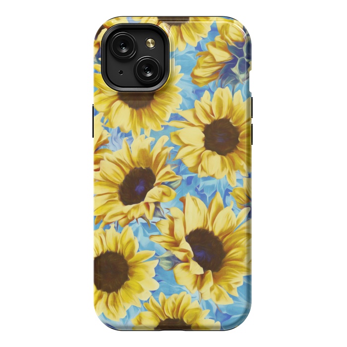 iPhone 15 Plus StrongFit Dreamy Sunflowers on Blue by Micklyn Le Feuvre