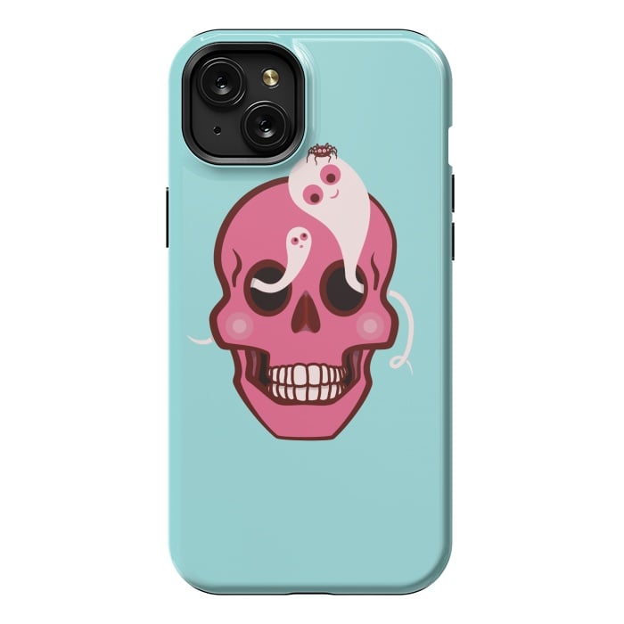iPhone 15 Plus StrongFit Cute Pink Skull With Spider And Ghosts In Eyes by Boriana Giormova