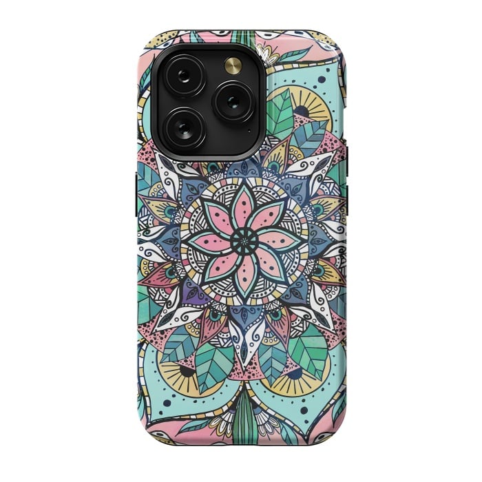 iPhone 15 Pro StrongFit Bohemian Colorful Watercolor Floral Mandala by InovArts