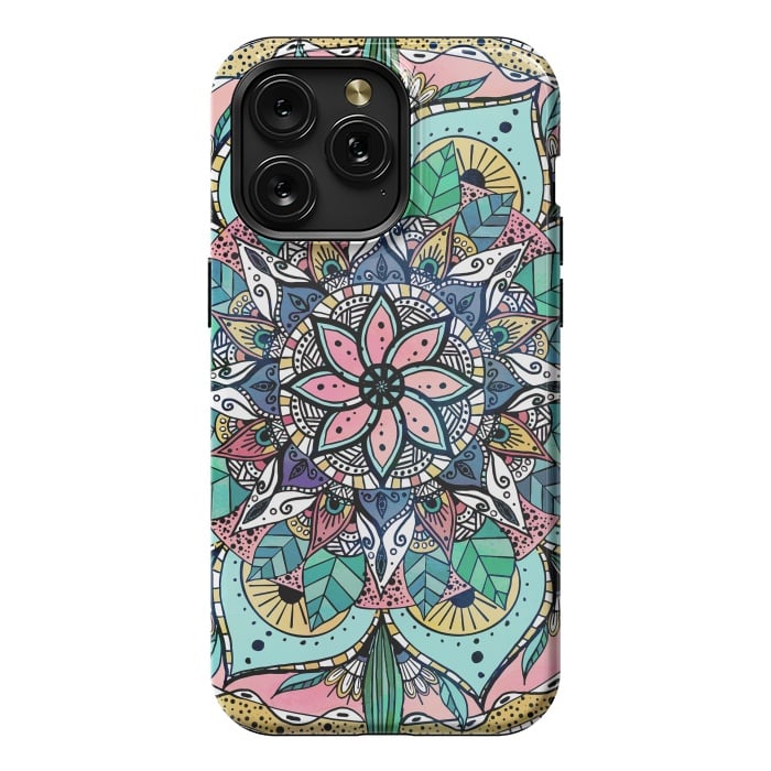 iPhone 15 Pro Max StrongFit Bohemian Colorful Watercolor Floral Mandala by InovArts