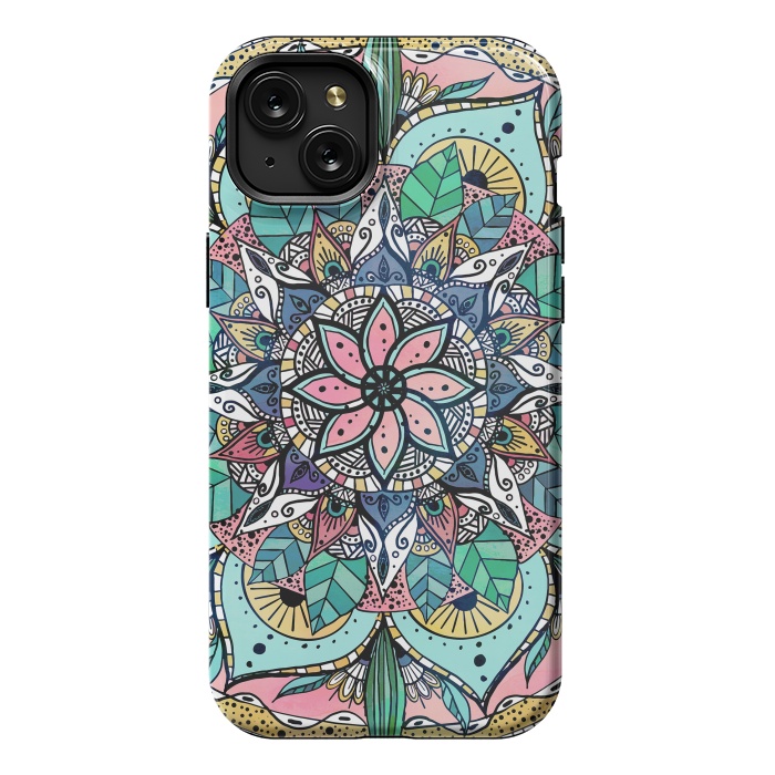iPhone 15 Plus StrongFit Bohemian Colorful Watercolor Floral Mandala by InovArts