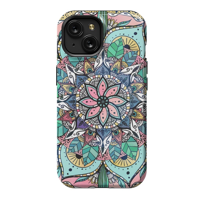 iPhone 15 StrongFit Bohemian Colorful Watercolor Floral Mandala by InovArts