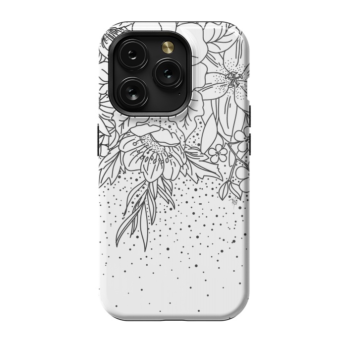 iPhone 15 Pro StrongFit Cute Black White floral doodles and confetti design by InovArts