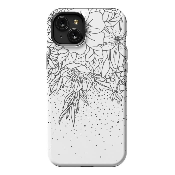 iPhone 15 Plus StrongFit Cute Black White floral doodles and confetti design by InovArts