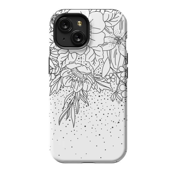 iPhone 15 StrongFit Cute Black White floral doodles and confetti design by InovArts