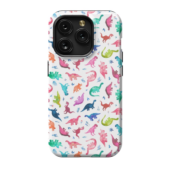 iPhone 15 Pro StrongFit Tiny Ditsy Watercolor Dinosaurs in Rainbow Colors by Micklyn Le Feuvre