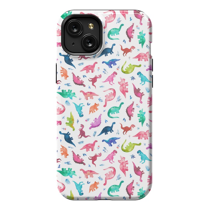 iPhone 15 Plus StrongFit Tiny Ditsy Watercolor Dinosaurs in Rainbow Colors by Micklyn Le Feuvre