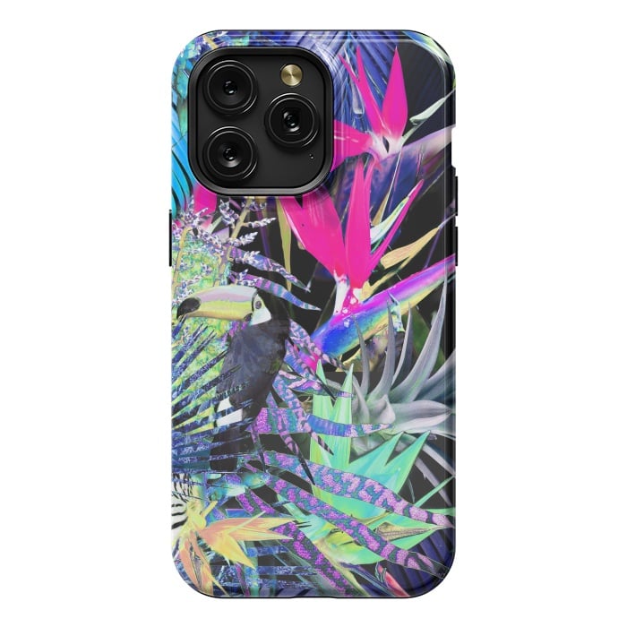 iPhone 15 Pro Max StrongFit Colorful neon toucan and strelitzia jungle pattern by Oana 
