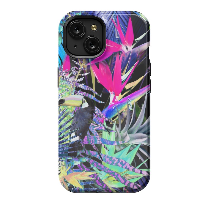iPhone 15 StrongFit Colorful neon toucan and strelitzia jungle pattern by Oana 