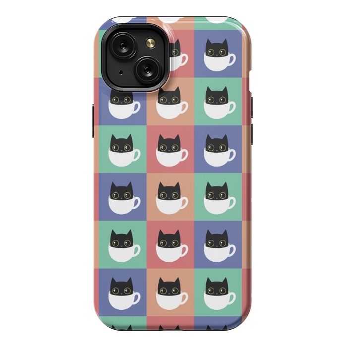 iPhone 15 Plus StrongFit Coffee  cat pattern by Laura Nagel