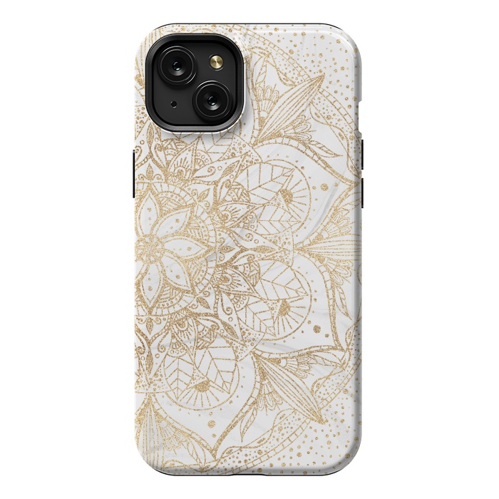 iPhone 15 Plus StrongFit Trendy Gold Floral Mandala Marble Design by InovArts