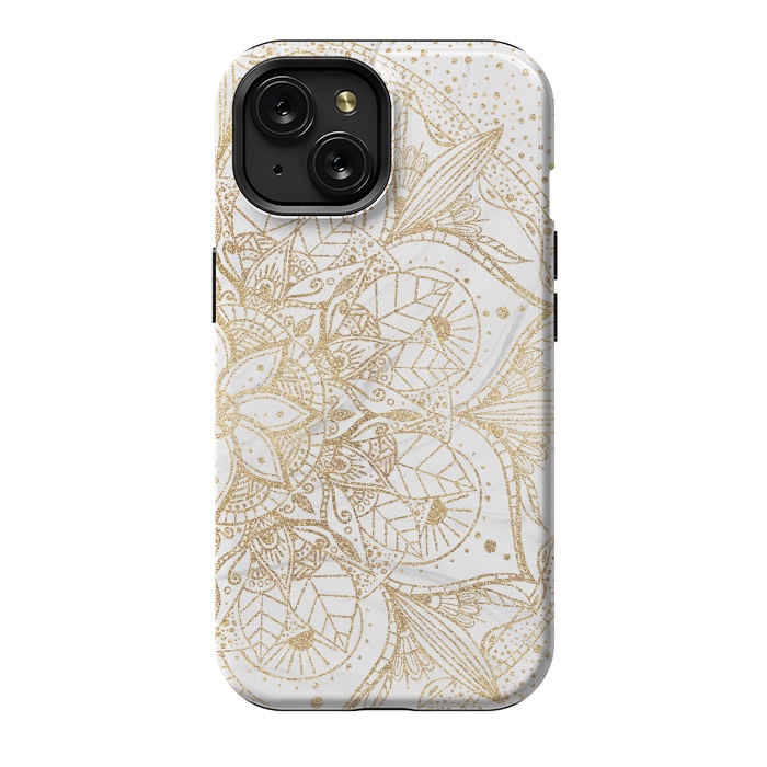 iPhone 15 StrongFit Trendy Gold Floral Mandala Marble Design by InovArts