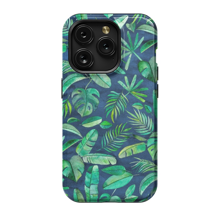 iPhone 15 Pro StrongFit Emerald Tropical Leaf Scatter on textured Navy Blue by Micklyn Le Feuvre